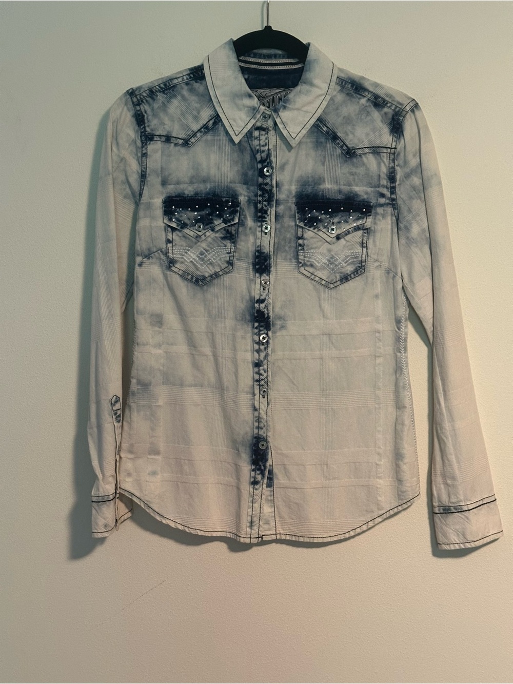 Affliction Black Premium Womens Small Plaid Rhinestone Button Up Shirt Y2K